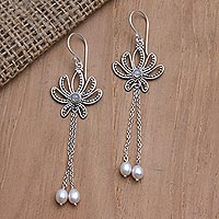 Cultured pearl and rainbow moonstone dangle earrings, 'Winking Lotus' - Cultured Pearl and Rainbow Moonstone Dangle Earrings