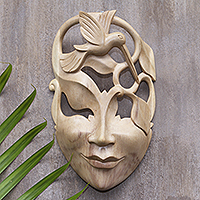Wood mask, 'Universal Source' - Hibiscus Wood Mask with Hummingbird Motif