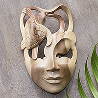 Wood mask, 'Natural Diversity' - Hibiscus Wood Mask with Turtle Motif