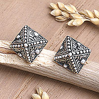 Sterling silver stud earrings, 'Pyramid of Energy' - Handmade Sterling Silver Balinese Stud Earrings