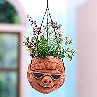 Coconut shell hanging planter, 'Funny Face' - Handcrafted Coconut Shell Planter
