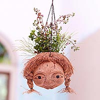 Coconut shell hanging planter, 'Pigtails' - Hand Carved Coconut Hanging Planter