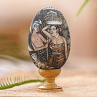 Wood egg sculpture, 'Going to Temple' - Balinese Hindu-Themed Wood Sculpture