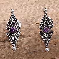 Amethyst button earrings, 'Purple Cathedral' - Handmade Sterling Silver and Amethyst Button Earrings