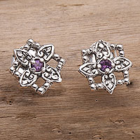 Amethyst stud earrings, 'Twin Chakra' - Hand Made Amethyst Stud Earrings with Chakra Motif