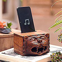 Wood phone speaker, 'Leopard's Song' - Artisan Crafted Jempinis Wood Phone Speakers