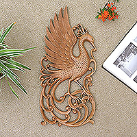 Wood relief panel, 'Everlasting Peacock' - Wood Wall Art Relief Panel of Peacock Bird from Bali