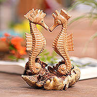 Wood statuette, 'Seahorse Romance' - Hibiscus Wood Statuette with Seahorse Motif