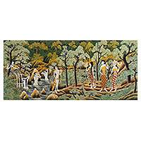Cotton batik wall art, 'Seven Angels' - Unique Cotton Batik Painting of Bali's Jaka Tarub Legend