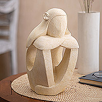 Sandstone statuette, 'Thought Over' - Hand Crafted Sandstone Statuette from Bali