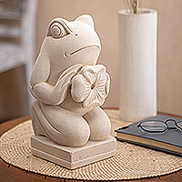 Sandstone statuette, 'My Flower' - Hand Made Sandstone Statuette with Frog Motif