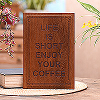 Wood plaque, 'Coffee Time' - Coffee-Themed Reclaimed Wood Plaque from Bali