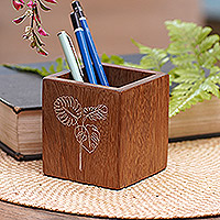 Wood pen holder, 'Monstera' - Nature Themed Reclaimed Wood Pen Holder from Bali