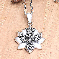 Sterling silver pendant necklace, 'Lotus Flow' - Sterling Silver Pendant Necklace with Lotus Motif