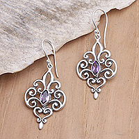 Amethyst dangle earrings, 'Romantic Shield' - Amethyst and Sterling Silver Dangle Earrings from Bali