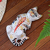 Wood statuette, 'Cat and Koi' - Hand Crafted Suar Wood Cat Statuette