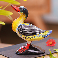 Wood statuette, 'Lucky Duck' - Hand-Painted Crocodile Wood Duck Statuette