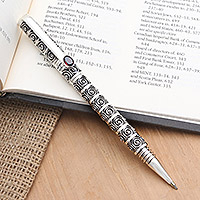 Sterling silver and garnet ballpoint pen, 'Scarlet Surf' - Ornate Handmade Sterling and Garnet Ballpoint Pen
