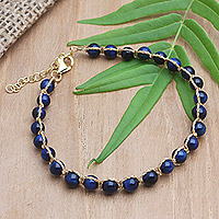 Kyanite beaded bracelet, 'Blue and Gold' - Artisan Crafted Kyanite Bracelet