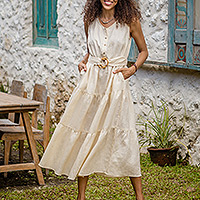 Linen tiered dress, 'Flawless' - Balinese Beige Linen Tiered Dress with Round Neck