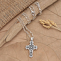 Sterling silver pendant necklace, 'My Philosophy' - Sterling Silver Pendant Necklace with Cross Motif