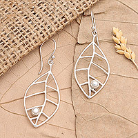Cultured pearl dangle earrings, 'Leafy Innocence' - Sterling Silver Leafy Dangle Earrings with Cultured Pearls