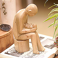 Wood statuette, 'My First Love' - Family-Themed Hibiscus Wood Statuette