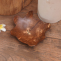 Coconut shell soap dish, 'Come Clean' - Coconut Shell Soap Dish with Turtle Motif
