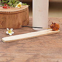 Wood incense holder, 'Meditation Pig' - Handcrafted Stick Incense Holder