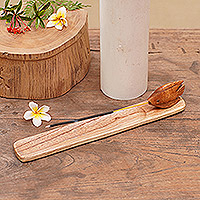 Wood incense holder, 'Spiritual Fish' - Stick Incense Holder from Bali