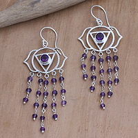 Amethyst dangle earrings, 'Open Your Eye' - Sterling Silver and Amethyst Dangle Earrings from Bali