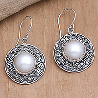 Cultured pearl dangle earrings, 'Heavenly Blossoms' - Sterling Silver Cultured Pearl Dangle Earrings from Bali