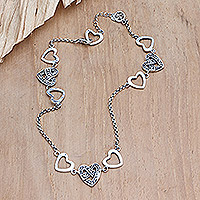 Sterling silver station anklet, 'Hold Tight' - Handmade Sterling Silver Anklet with Heart Motif