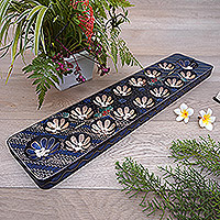 Batik wood mancala game, 'Spirited Game in Blue' - Artisan Crafted Handmade Albesia Wood Foldable Mancala Board
