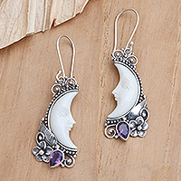 Amethyst dangle earrings, 'Dusky Dreams' - Amethyst Dangle Earrings with Crescent Moon Motif