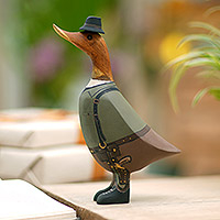 Wood figurine, 'Steampunk Duck' - Bamboo Root and Teak Hand-Painted Duck with Steampunk Style