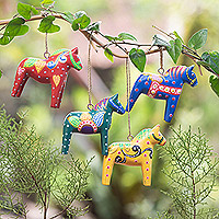 Wood ornaments, 'Dala Tradition' (set of 4) - Hand-Painted Dala Horses Christmas Ornaments Set of 4