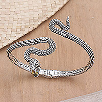Citrine cuff bracelet, 'Snake Gem' - Sterling Silver Snake Cuff Bracelet with Faceted Citrine