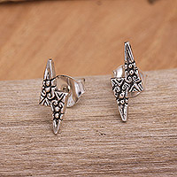 Sterling silver button earrings, 'Enchanted Thunder' - Sterling Silver Button Earrings with Lightning Bolts