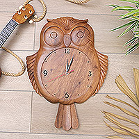 Wood wall clock, 'Timekeeper Owl' - Hand-carved Wall Clock Crafted with Suar Wood in Indonesia