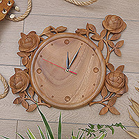 Wood wall clock, 'Time for Roses' - Handcrafted Wood Floral Motif Wall Clock