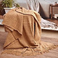 Cotton throw, 'Warm Brown' - Brown Cotton Throw with Fringes Handmade in Bali