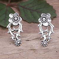 Sterling silver ear climber earrings, 'Climbing Blooms' - Floral Ear Climber Earrings Made from Sterling Silver