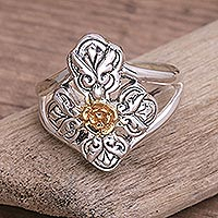 Gold accented sterling silver cocktail ring, 'Cross of Blooms' - 18k Gold Accented Sterling Silver Cocktail Ring from Bali
