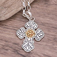 Gold accented sterling silver pendant necklace, 'Cross of Blooms' - 18k Gold Accented Sterling Silver Pendant Necklace from Bali