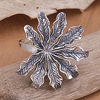Sterling silver cocktail ring, 'Sugar Palm' - Balinese Sterling Silver Cocktail Ring with Palm Leaves