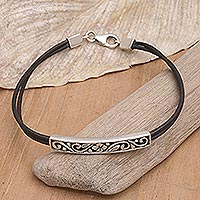 Leather and sterling silver pendant bracelet, 'Floral View' - Bracelet with Leather Cord and Sterling Silver Pendant