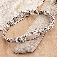 Men's sterling silver pendant bracelet, 'Ring of Light' - Balinese Handcrafted Men's Bracelet with Ring Pendant