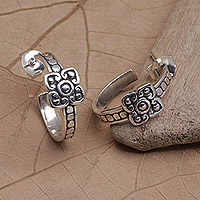 Sterling silver half-hoop earrings, 'Floral Hug' - Sterling Silver Half-Hoop Earrings with Floral Motifs