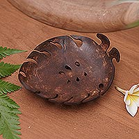 Coconut shell soap dish, 'Little Monstera' - Handmade Tropical Leaf-Themed Coconut Soap Holder from Bali
